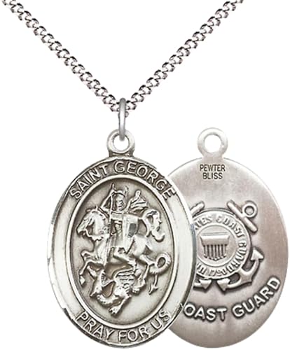 Women's Pewter Saint St. George Coast Guard Medal Pendant Necklace– 1" x ¾" – 18 Inch Rhodium Plated Lite Curb Brass Chain with Lobster Claw Clasp, Catholic Medal - Patron Saint. of Boy Scouts & Soldiers – Velvet Gift Box