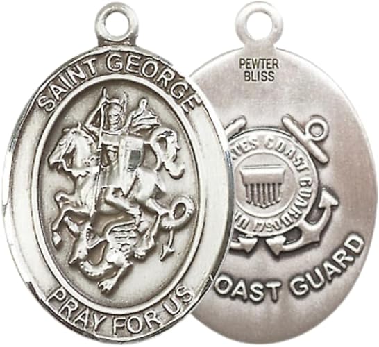 Mens Oval Pewter Saint St. George Coast Guard Medal Pendant on 24 Inch Rhodium Plated Heavy Curb Brass Chain with Lobster Claw clasp, Catholic Religious Necklace - Made in USA- Deluxe Velvet Gift Box