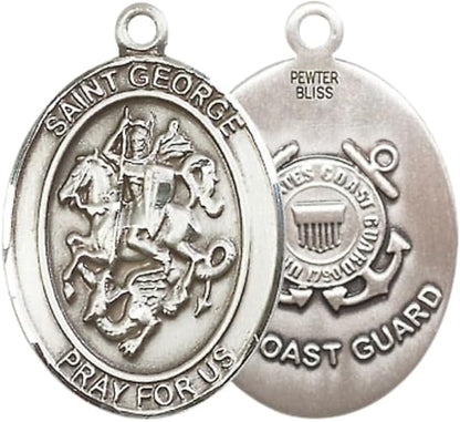 Mens Oval Pewter Saint St. George Coast Guard Medal Pendant on 24 Inch Rhodium Plated Heavy Curb Brass Chain with Lobster Claw clasp, Catholic Religious Necklace - Made in USA- Deluxe Velvet Gift Box