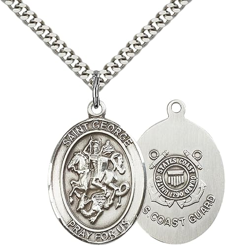 Men's Pewter Saint St. George Coast Guard Medal Pendant – 1" x ¾" – 24 Inch Endless Rhodium Plated Chain – Patron Saint St. of Boy Scouts & Soldiers – Christian Necklace, Catholic Medal – Velvet Gift Box Included