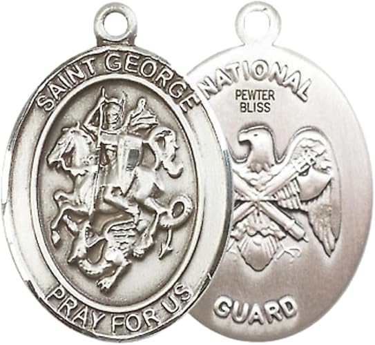 Women's Pewter Saint St. George National Guard Medal Pendant Necklace – 1" x ¾" – 18 Inch Rhodium Plated Lite Curb Brass Chain with Lobster Claw Clasp, Catholic Medal - Patron Saint. of Boy Scouts & Soldiers – Velvet Gift Box