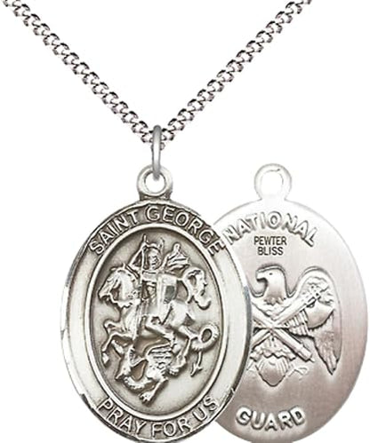 Women's Pewter Saint St. George National Guard Medal Pendant Necklace – 1" x ¾" – 18 Inch Rhodium Plated Lite Curb Brass Chain with Lobster Claw Clasp, Catholic Medal - Patron Saint. of Boy Scouts & Soldiers – Velvet Gift Box