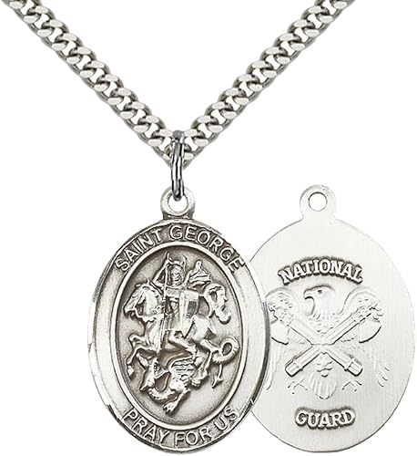 Men's Pewter Saint St. George National Guard Medal Pendant – 1" x ¾" – 24 Inch Endless Rhodium Plated Chain – Patron Saint St. of Boy Scouts & Soldiers – Christian Necklace, Catholic Medal – Velvet Gift Box Included