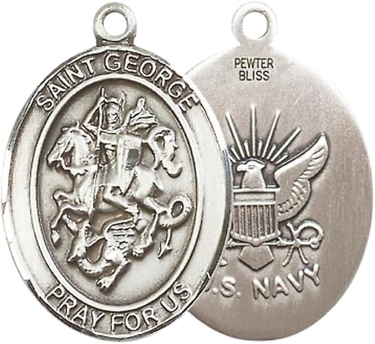 Women's Pewter Saint St. George Navy Medal Pendant – 1" x ¾" – 18 Inch Rhodium Plated Lite Curb Brass Chain with Lobster Claw Clasp – Catholic Religious Necklace - Made in USA – Velvet Gift Box