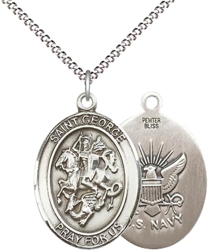 Women's Pewter Saint St. George Navy Medal Pendant – 1" x ¾" – 18 Inch Rhodium Plated Lite Curb Brass Chain with Lobster Claw Clasp – Catholic Religious Necklace - Made in USA – Velvet Gift Box