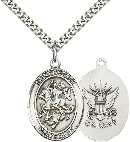 Men's Pewter Saint St. George Navy Medal Pendant – 1" x ¾ – 24 Inch Endless Rhodium Plated Chain – Patron Saint St. of Boy Scouts & Soldiers – Christian Necklace, Catholic Medal – Velvet Gift Box Included