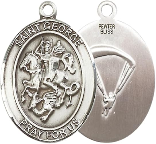 Women's Pewter Saint St. George Paratrooper Medal – 1" x ¾ – 18 Inch Rhodium Lite Curb Chain with Lobster Clasp – Patron of Boy Scouts & Soldiers – Christian Catholic Necklace with Velvet Gift Box