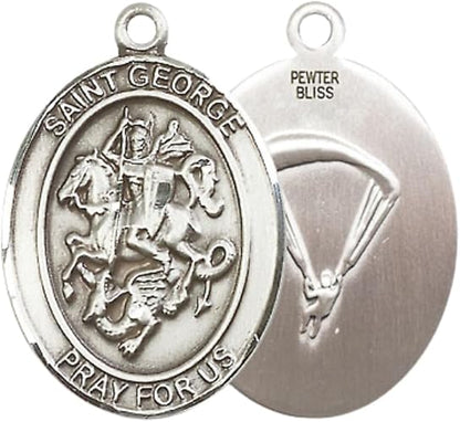 Women's Pewter Saint St. George Paratrooper Medal – 1" x ¾ – 18 Inch Rhodium Lite Curb Chain with Lobster Clasp – Patron of Boy Scouts & Soldiers – Christian Catholic Necklace with Velvet Gift Box