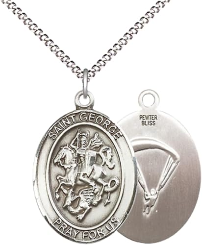 Women's Pewter Saint St. George Paratrooper Medal – 1" x ¾ – 18 Inch Rhodium Lite Curb Chain with Lobster Clasp – Patron of Boy Scouts & Soldiers – Christian Catholic Necklace with Velvet Gift Box