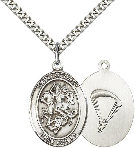 Men's Pewter Saint St. George Paratrooper Medal Pendant – 1" x ¾" – 24 Inch Endless Rhodium Plated Chain – Patron Saint St. of Boy Scouts & Soldiers – Christian Necklace, Catholic Medal – Velvet Gift Box Included