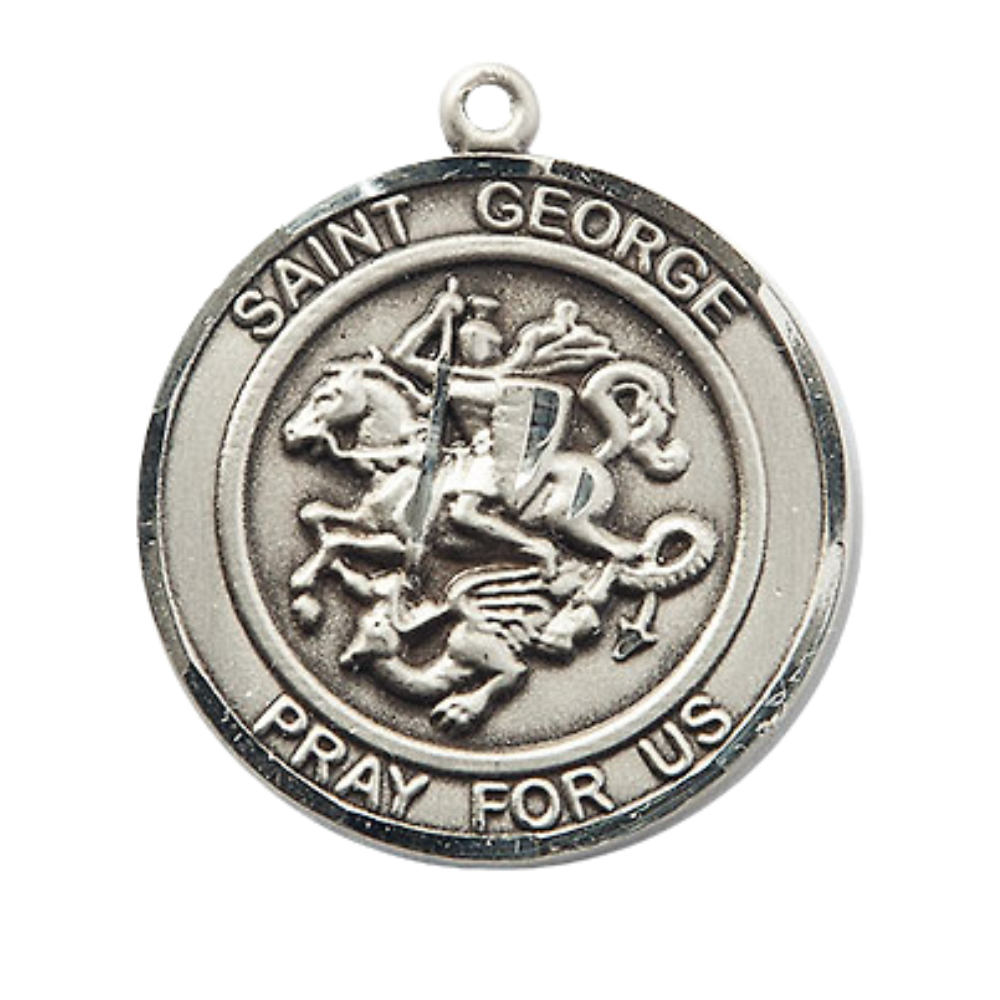 Women's Pewter Saint St. George Medal Pendant on 18 Inch Rhodium Plated Lite Curb Brass Chain w/Lobster Claw Clasp, Catholic Religious Necklace - Made in USA- Deluxe Velvet Gift Box