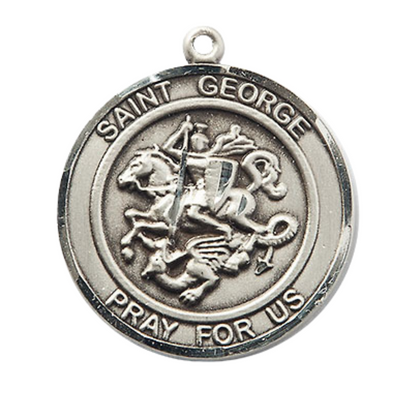 Women's Pewter Saint St. George Medal Pendant on 18 Inch Rhodium Plated Lite Curb Brass Chain w/Lobster Claw Clasp, Catholic Religious Necklace - Made in USA- Deluxe Velvet Gift Box