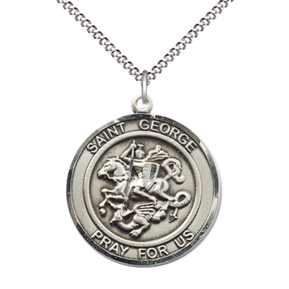 Women's .925 Sterling Silver Saint St. George Medal Pendant on 18 Inch Rhodium Plated Lite Curb Brass Chain with Lobster Claw Clasp, Catholic Religious Necklace - Made in USA - Deluxe Velvet Gift Box