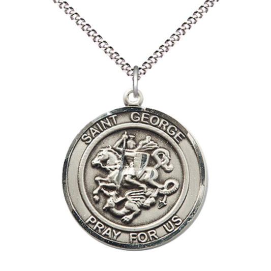 Women's .925 Sterling Silver Saint St. George Medal Pendant on 18 Inch Rhodium Plated Lite Curb Brass Chain with Lobster Claw Clasp, Catholic Religious Necklace - Made in USA - Deluxe Velvet Gift Box