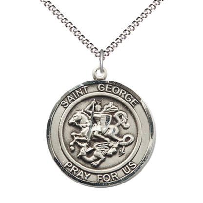 Women's Pewter Saint St. George Medal Pendant on 18 Inch Rhodium Plated Lite Curb Brass Chain w/Lobster Claw Clasp, Catholic Religious Necklace - Made in USA- Deluxe Velvet Gift Box