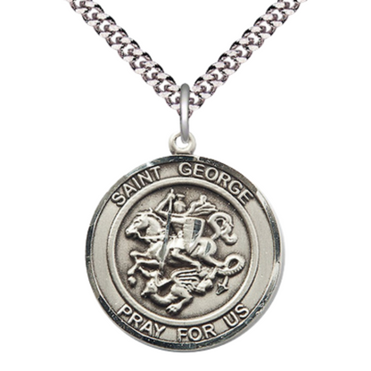 Mens Round .925 Sterling Silver Saint St. George Medal Pendant on 24 Inch Rhodium Plated Heavy Curb Brass Chain with Lobster Claw clasp, Catholic Religious Necklace - Made in USA- Velvet Gift Box
