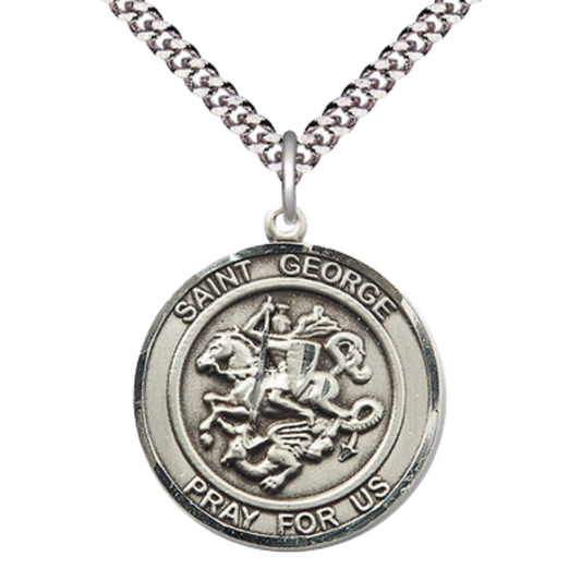Mens 1 x 7/8" Round Pewter Saint St. George Medal Pendant on 24 Inch Rhodium Plated Heavy Curb Brass Chain with Lobster Claw clasp, Catholic Religious Necklace - Made in USA- Deluxe Velvet Gift Box