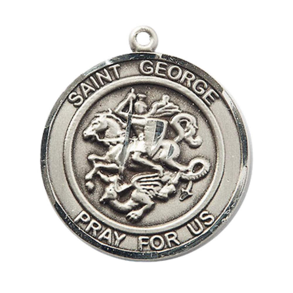 Mens Round .925 Sterling Silver Saint St. George Medal Pendant on 24 Inch Rhodium Plated Heavy Curb Brass Chain with Lobster Claw clasp, Catholic Religious Necklace - Made in USA- Velvet Gift Box
