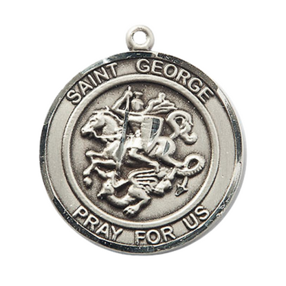 Mens 1 x 7/8" Round Pewter Saint St. George Medal Pendant on 24 Inch Rhodium Plated Heavy Curb Brass Chain with Lobster Claw clasp, Catholic Religious Necklace - Made in USA- Deluxe Velvet Gift Box