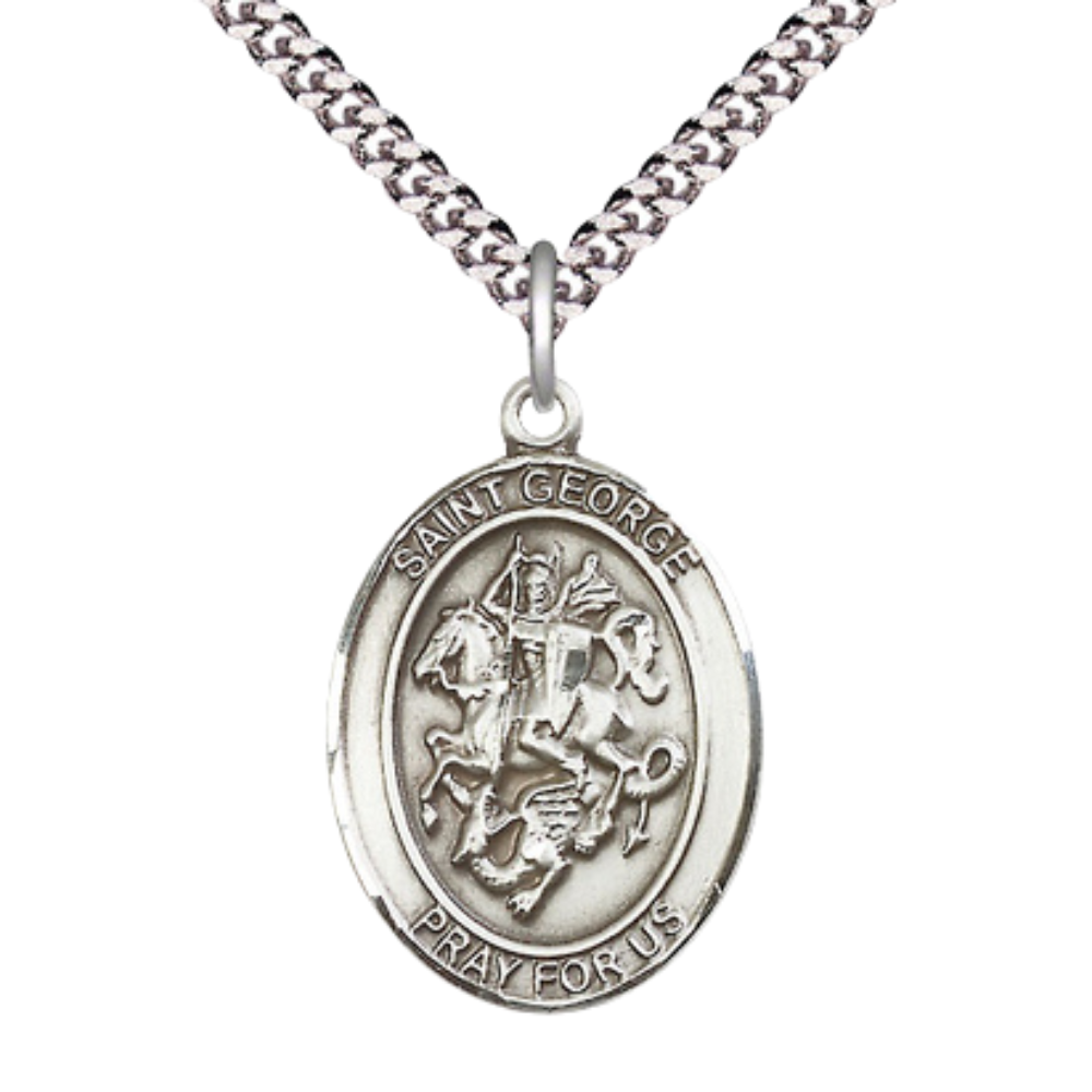 Saint St. George Men's Pewter Medal Necklace– Patron Saint St. of Boy Scouts & Soldiers – 24 Inch Light Rhodium Plated Heavy Curb Chain, Catholic Medal – Velvet Gift Box