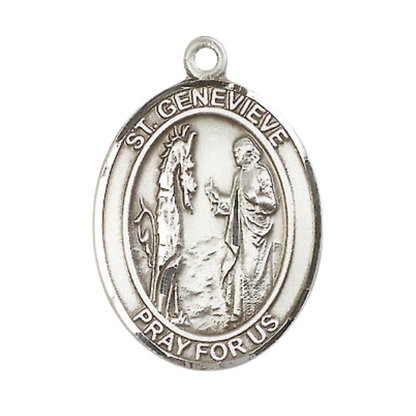 Women's .925 Sterling Silver Saint St. Genevieve Medal Pendant on 18 Inch Rhodium Plated Lite Curb Brass Chain with Lobster Claw Clasp – Oval Patron Series, Catholic Medal – Made in USA – Deluxe Velvet Gift Box