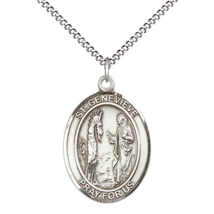 Women's .925 Sterling Silver Saint St. Genevieve Medal Pendant on 18 Inch Rhodium Plated Lite Curb Brass Chain with Lobster Claw Clasp – Oval Patron Series, Catholic Medal – Made in USA – Deluxe Velvet Gift Box