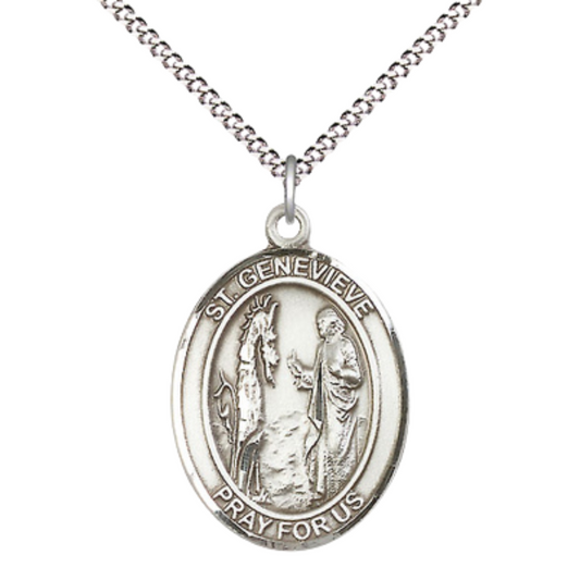 Women's .925 Sterling Silver Saint St. Genevieve Medal Pendant on 18 Inch Rhodium Plated Lite Curb Brass Chain with Lobster Claw Clasp – Oval Patron Series, Catholic Medal – Made in USA – Deluxe Velvet Gift Box
