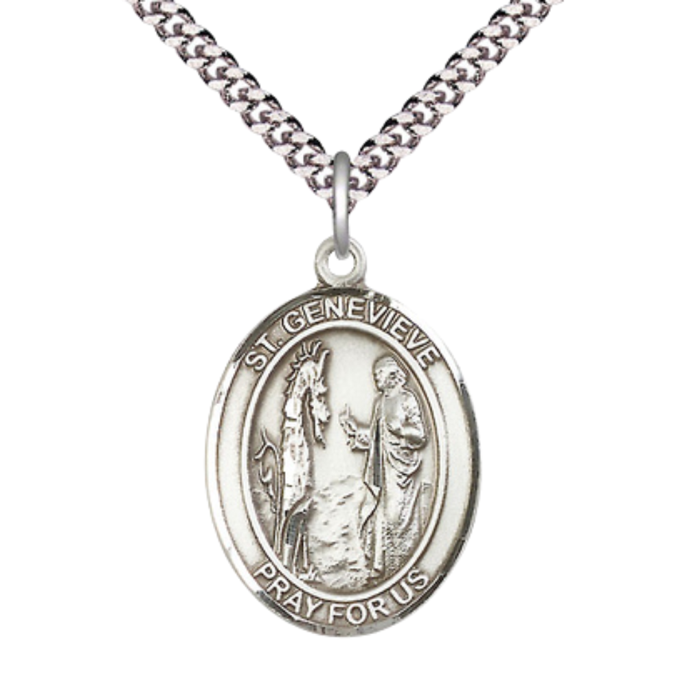 Mens 1 x 3/4" Oval Pewter Saint St. Genevieve Medal Pendant on 24 Inch Rhodium Plated Heavy Curb Brass Chain with Lobster Claw clasp, Catholic Religious Necklace - Made in USA- Deluxe Velvet Gift Box