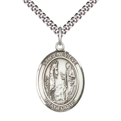 Mens 1 x 3/4" Oval Pewter Saint St. Genevieve Medal Pendant on 24 Inch Rhodium Plated Heavy Curb Brass Chain with Lobster Claw clasp, Catholic Religious Necklace - Made in USA- Deluxe Velvet Gift Box