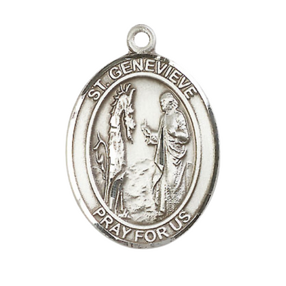 Mens Oval .925 Sterling Silver Saint St. Genevieve Medal Pendant on 24 Inch Rhodium Plated Heavy Curb Brass Chain with Lobster Claw clasp, Catholic Religious Necklace - Made in USA- Velvet Gift Box