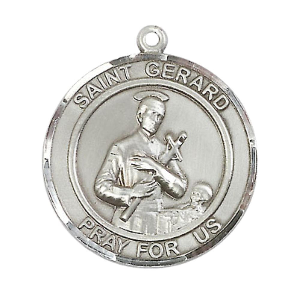 Mens Round .925 Sterling Silver Saint Gerard Medal Pendant on 24" Rhodium Plated Heavy Curb Brass Chain with Lobster Claw clasp, Catholic Religious Necklace -Made in USA- Velvet Gift Box