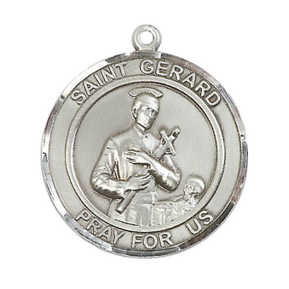 Mens Round .925 Sterling Silver Saint Gerard Medal Pendant on 24" Rhodium Plated Heavy Curb Brass Chain with Lobster Claw clasp, Catholic Religious Necklace -Made in USA- Velvet Gift Box