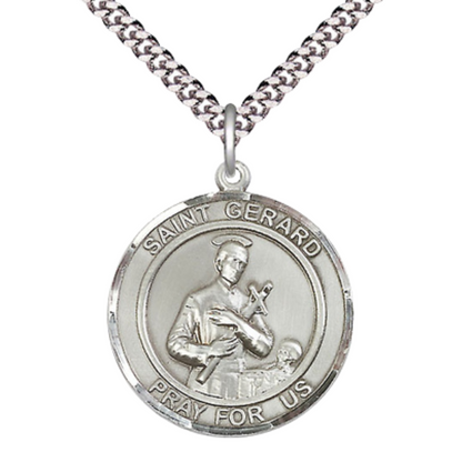 Mens 1 x 7/8" Round Pewter Saint St. Gerard Medal Pendant on 24 Inch Rhodium Plated Heavy Curb Brass Chain with Lobster Claw clasp, Catholic Religious Necklace - Made in USA- Deluxe Velvet Gift Box