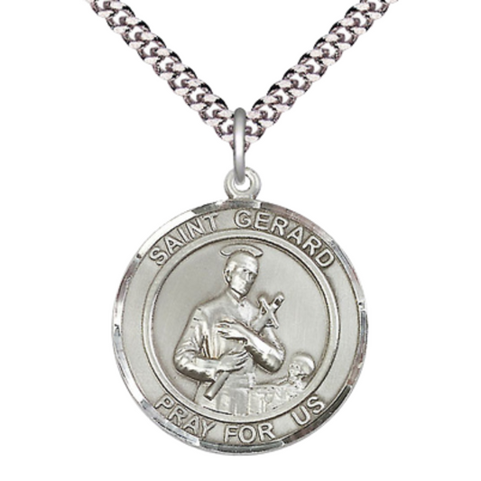 Mens 1 x 7/8" Round Pewter Saint St. Gerard Medal Pendant on 24 Inch Rhodium Plated Heavy Curb Brass Chain with Lobster Claw clasp, Catholic Religious Necklace - Made in USA- Deluxe Velvet Gift Box
