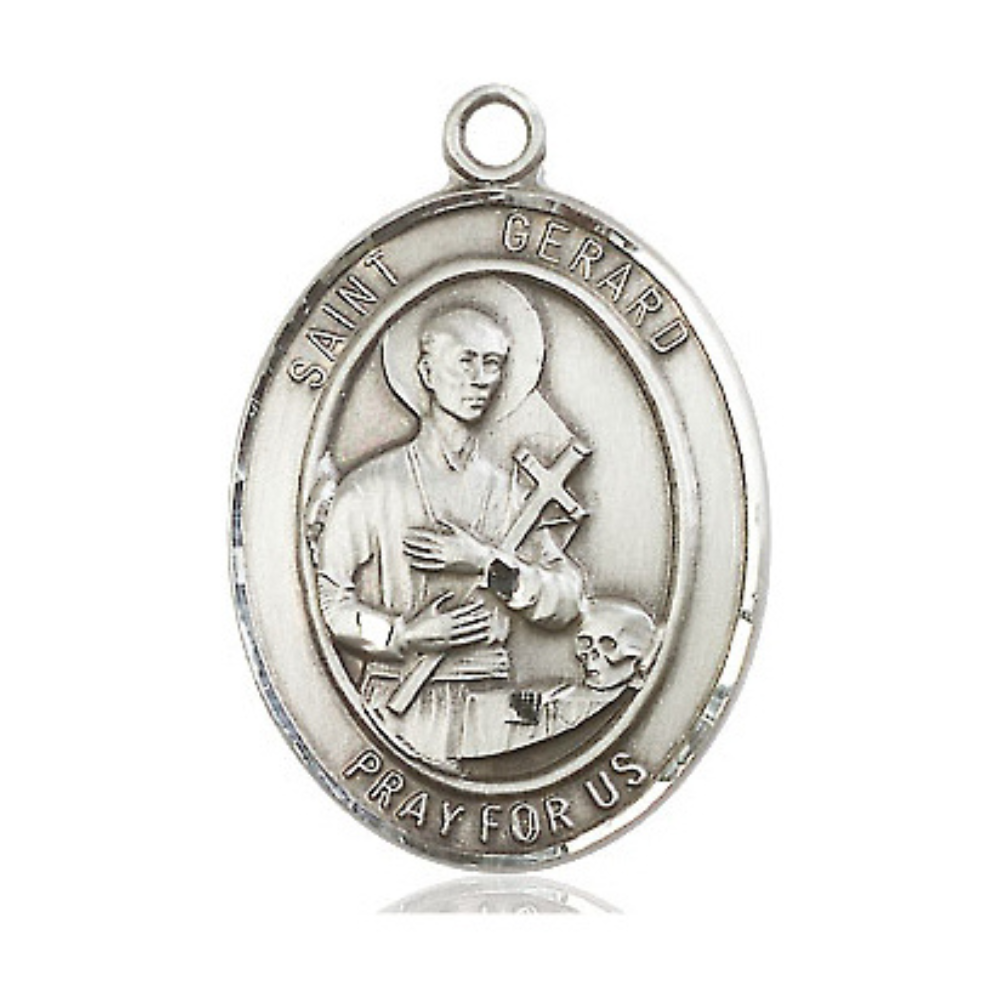 Mens 1 x 3/4" Oval Pewter Saint St. Gerard Majella Medal Pendant on 24 Inch Rhodium Plated Heavy Curb Brass Chain with Lobster Claw clasp, Catholic Religious Necklace - Made in USA- Velvet Gift Box