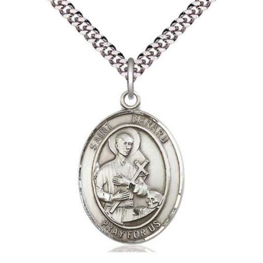 Saint St. Gerard Majella Men's Pewter Medal Necklace – Patron Saint St. of Expectant Mothers – 24 Inch Light Rhodium Plated Heavy Curb Chain, Catholic Medal – Velvet Gift Box