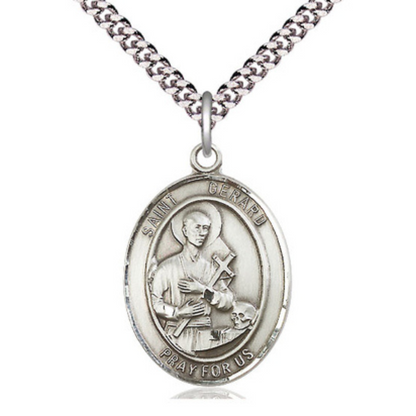 Mens .925 Sterling Silver Saint St. Gerard Majella Medal Pendant on 24 Inch Rhodium Plated Heavy Curb Brass Chain with Lobster Claw clasp, Catholic Religious Necklace - Made in USA- Velvet Gift Box
