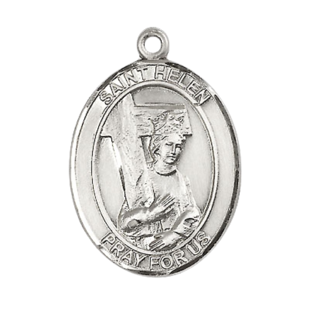 Women's .925 Sterling Silver Saint St. Helen Medal Pendant on 18 Inch Rhodium Plated Lite Curb Brass Chain with Lobster Claw Clasp – Oval Patron Series, Catholic Medal – Made in USA – Deluxe Velvet Gift Box