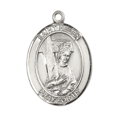 Women's .925 Sterling Silver Saint St. Helen Medal Pendant on 18 Inch Rhodium Plated Lite Curb Brass Chain with Lobster Claw Clasp – Oval Patron Series, Catholic Medal – Made in USA – Deluxe Velvet Gift Box