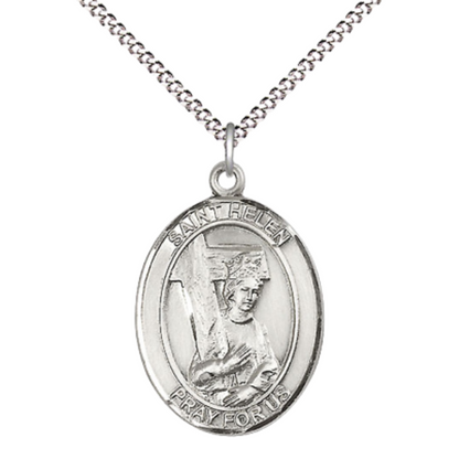 Women's .925 Sterling Silver Saint St. Helen Medal Pendant on 18 Inch Rhodium Plated Lite Curb Brass Chain with Lobster Claw Clasp – Oval Patron Series, Catholic Medal – Made in USA – Deluxe Velvet Gift Box