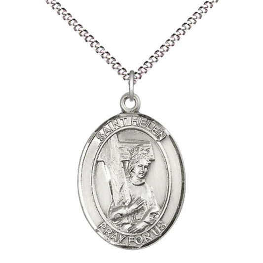 Women's .925 Sterling Silver Saint St. Helen Medal Pendant on 18 Inch Rhodium Plated Lite Curb Brass Chain with Lobster Claw Clasp – Oval Patron Series, Catholic Medal – Made in USA – Deluxe Velvet Gift Box