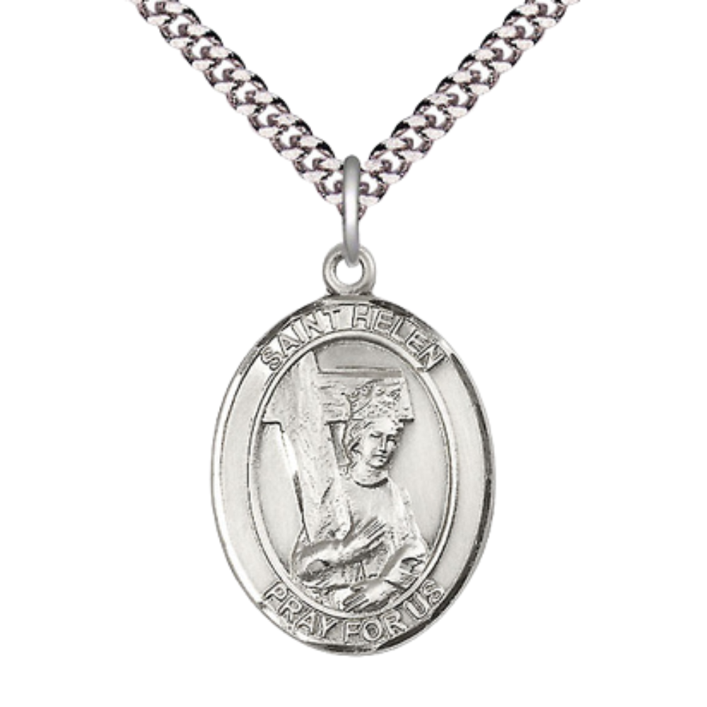 Saint St. Helen Medal Necklace – 24 Inch Endless Light Rhodium Plated Heavy Curb Chain – Patron Saint St. of Difficult Marriages – Exquisite Catholic Religious Jewelry in Velvet Gift Box