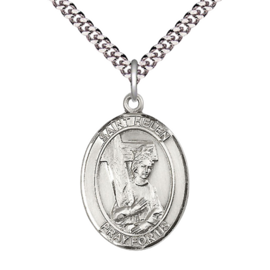 Saint St. Helen Medal Necklace – 24 Inch Endless Light Rhodium Plated Heavy Curb Chain – Patron Saint St. of Difficult Marriages – Exquisite Catholic Religious Jewelry in Velvet Gift Box