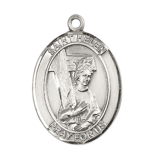 Mens Oval .925 Sterling Silver Saint Helen Medal Pendant on 24" Rhodium Plated Heavy Curb Brass Chain with Lobster Claw clasp, Catholic Religious Necklace -Made in USA- Velvet Gift Box