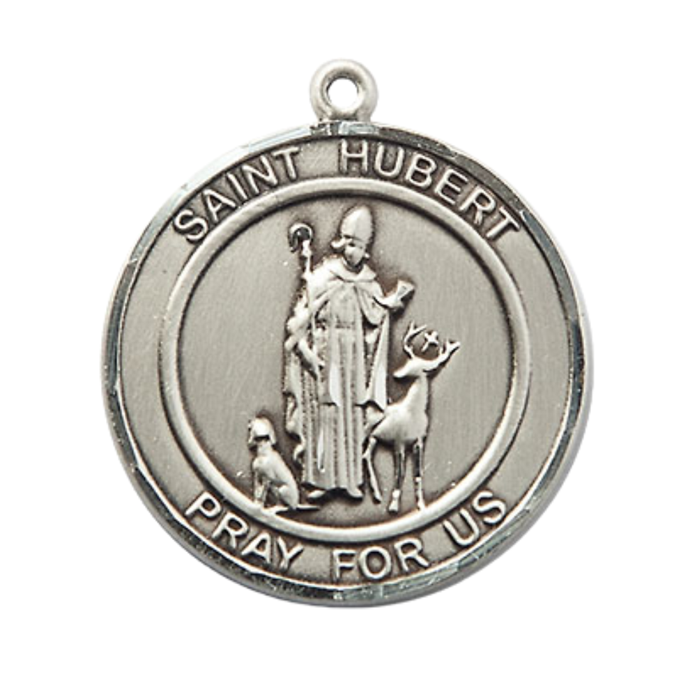 Women's .925 Sterling Silver Saint St. Hubert of Liege Medal Pendant on 18 Inch Rhodium Plated Lite Curb Brass Chain with Lobster Claw Clasp – Round Patron Series, Catholic Medal– Made in USA – Deluxe Velvet Gift Box