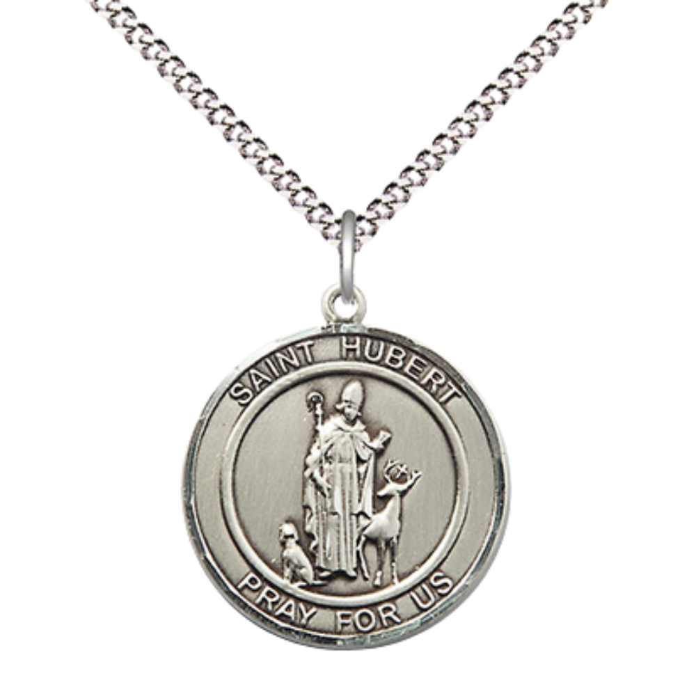 Women's Pewter Saint St. Hubert of Liege Medal Pendant on 18 Inch Rhodium Plated Lite Curb Brass Chain with Lobster Claw Clasp – Round Patron Series, Catholic Medal– Made in USA – Deluxe Velvet Gift Box