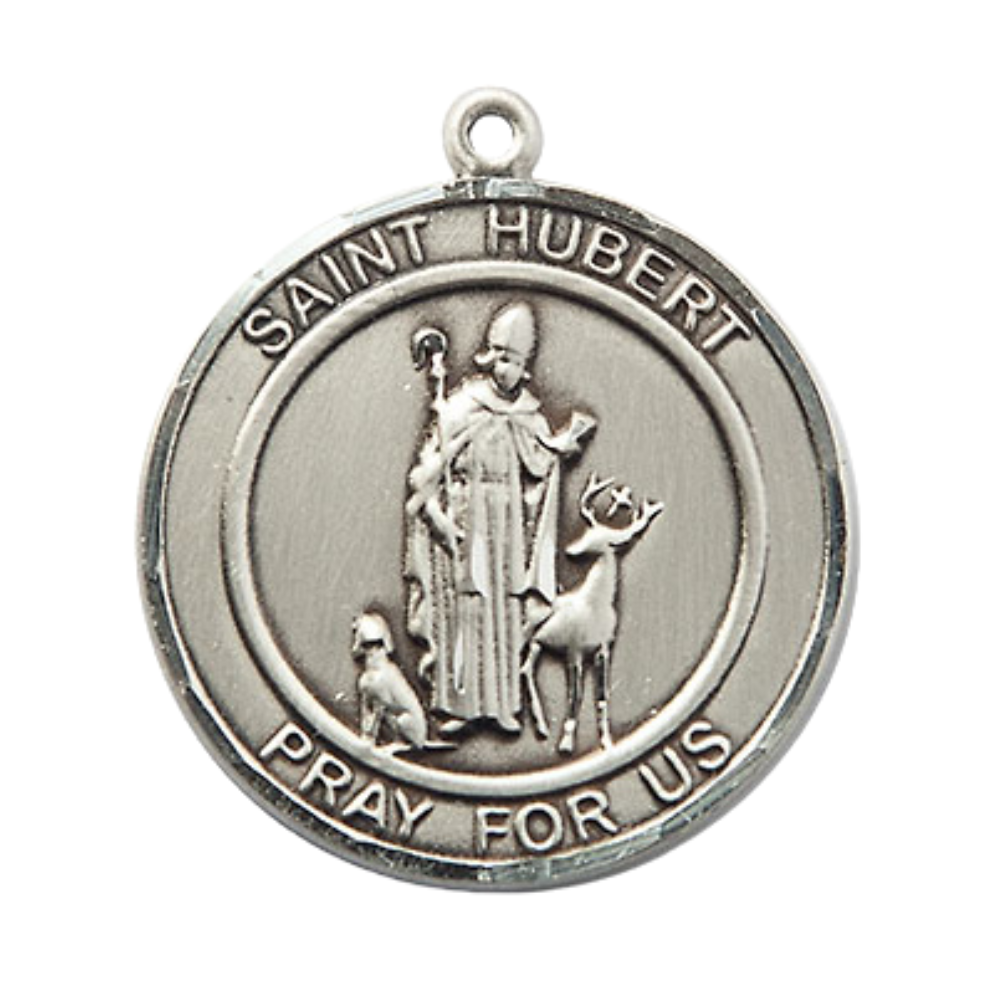 Mens .925 Sterling Silver Saint St. Hubert of Liege Medal Pendant on 24 inch Rhodium Plated Heavy Curb Brass Chain with Lobster Claw clasp, Catholic Religious Necklace - Made in USA- Velvet Gift Box