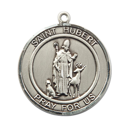 Mens .925 Sterling Silver Saint St. Hubert of Liege Medal Pendant on 24 inch Rhodium Plated Heavy Curb Brass Chain with Lobster Claw clasp, Catholic Religious Necklace - Made in USA- Velvet Gift Box