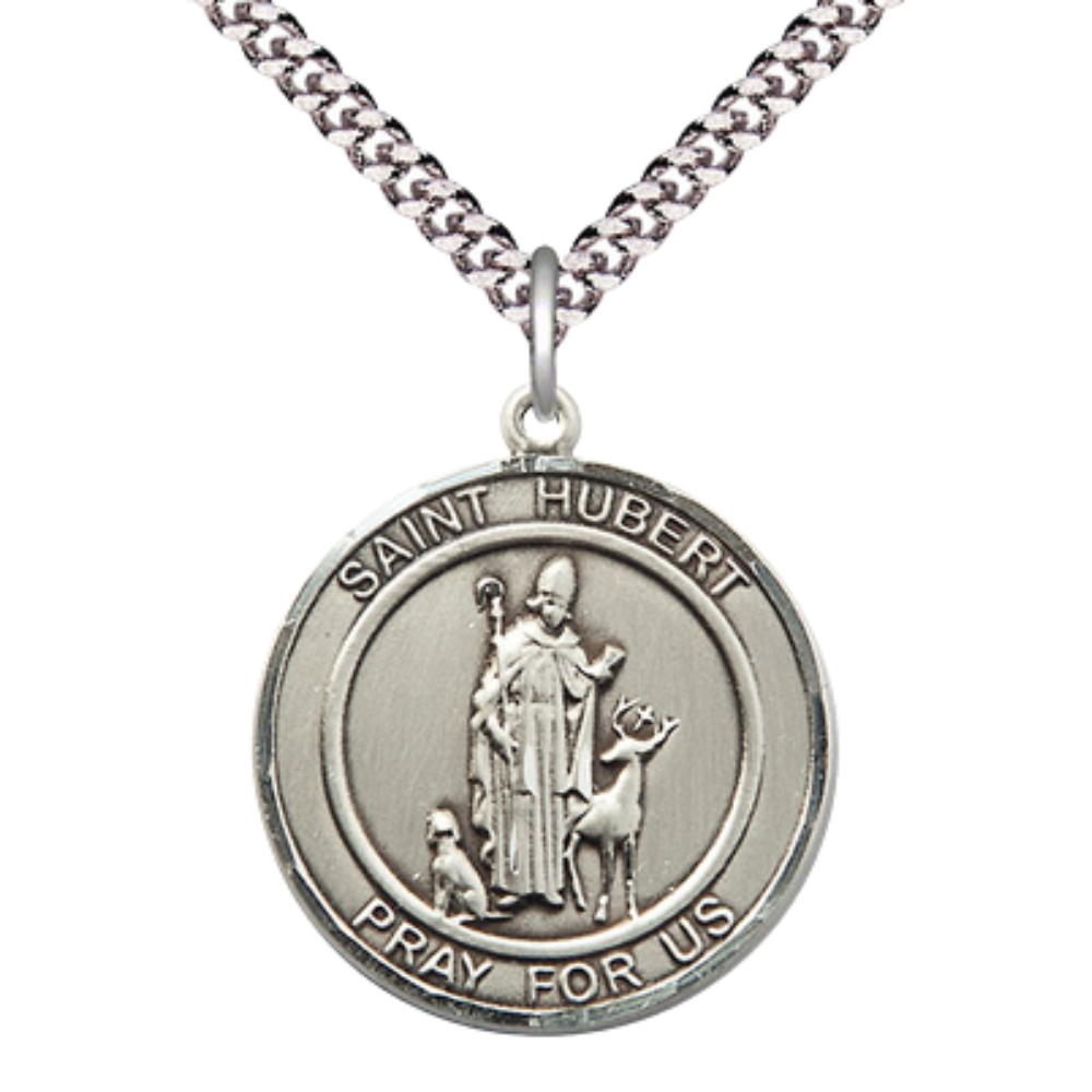 Mens Round Pewter Saint St. Hubert of Liege Medal Pendant on 24 Inch Rhodium Plated Heavy Curb Brass Chain with Lobster Claw clasp, Catholic Religious Necklace - Made in USA- Deluxe Velvet Gift Box