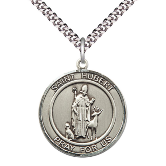 Mens Round Pewter Saint St. Hubert of Liege Medal Pendant on 24 Inch Rhodium Plated Heavy Curb Brass Chain with Lobster Claw clasp, Catholic Religious Necklace - Made in USA- Deluxe Velvet Gift Box